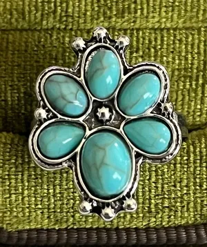 Bohemian Blue Turquoise Cluster Design Stainless Steel Statement Ring Size 6 thumbnail 1