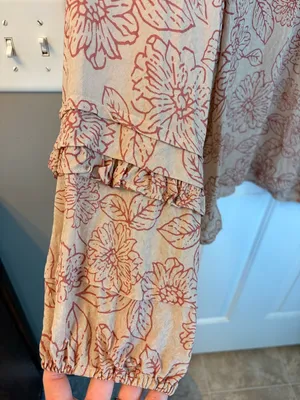 Current Air Floral Tie-Neck Blouse in Tan with Rust Print thumbnail 2