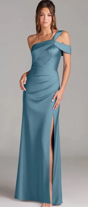 Azazie Wynter Bermuda sheath one shoulder stretch satin dress thumbnail 1