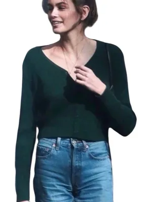 Brandy Melville Hunter Green Cardigan Sweater Vneck S M Preppy Classic Cropped thumbnail 1