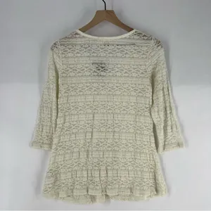 Anthropologie Lilka Ivory Lace Stretch 3/4 Sleeve Swing Top Lightweight Sheer‎ thumbnail 9