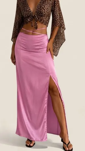 Peppermayo Pink Satin Tie Waist Maxi Skirt Side Slit Size US 4 thumbnail 1