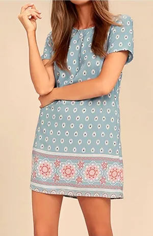 Lulus Women’s Secret Paradise Blue Print Shift Short Sleeve Mini Dress Size L thumbnail 1