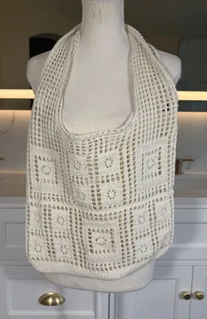 Crochet Mesh Tote Bag Women OS Ivory Open Knit Boho Shoulder Market Beach Bag thumbnail 1