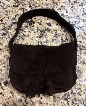 Vintage Abercrombie Chocolate Brown Suede‎ Shoulder Hobo Bag Tasseled 9x6x2.5 in thumbnail 1