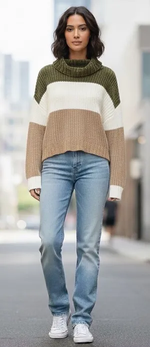 Poof Apparel Chenille Turtleneck Sweater Womens‎ Small Multicolor Striped Cozy thumbnail 1