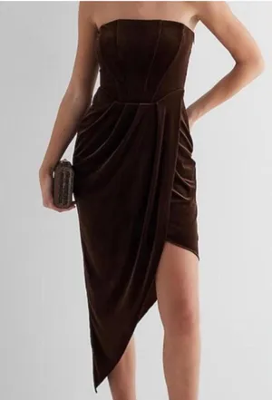 Express velvet strapless corset asymmetrical midi sheath dress in espresso color thumbnail 1