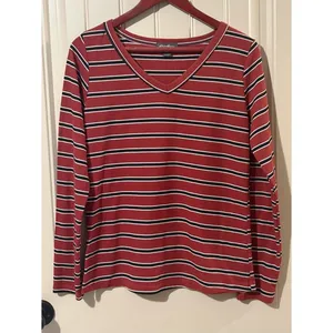 Eddie Bauer Rust/Black/Cream Striped Long Sleeve V-neck Shirt thumbnail 2
