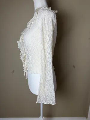 Thirty/Thirty LA Sheer Cream Lace Tie Front Ruffle Top Size XS thumbnail 3