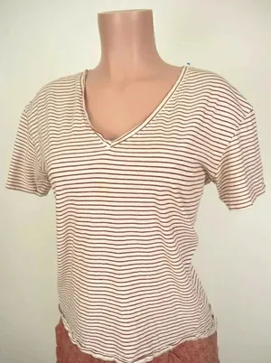 Zara Top Womens Small V-Neck Red White Stripe Short Sleeve T-Shirt Size Small thumbnail 1