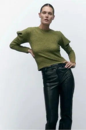 Zara Olive Green Textured Popcorn Knit Ruffle‎ Puff Shoulder Top Womens Medium thumbnail 1