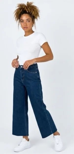Princess Polly Petite Holly Wide Leg Jeans Dark Wash Raw Hem US 2 thumbnail 1