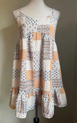 Pink Lily Patchwork Boho Mini Dress Orange Brown Cream Ruffle cottagecore‎ y2k S thumbnail 1