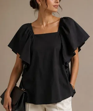 Abercrombie & Fitch Poplin Flutter Sleeve Top Small Black Preppy Quiet Luxury thumbnail 1