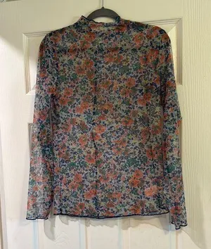 Pink and Blue Long Sleeve Mandarin Collar Blouse thumbnail 1