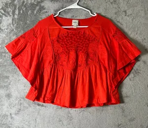 Maeve Anthropologie Embellished Cotton Swing Top Orange Flutter Sleeve Small thumbnail 1