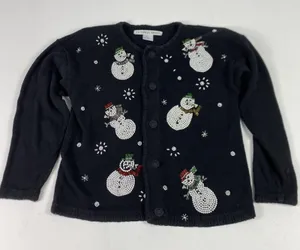 Victoria Jones Cardigan Sweater Womens‎ Medium Black Snowman Ugly Christmas thumbnail 1