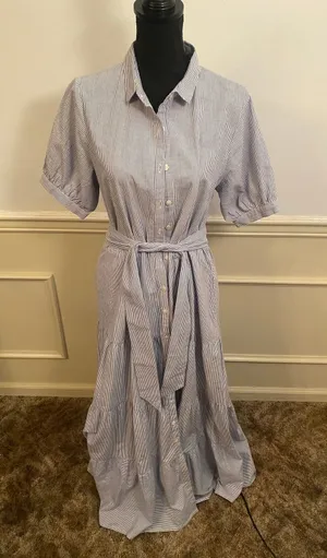 Gingy Tiered Cotton Blue White Striped Seersucker Maxi Shirt Dress Button Front thumbnail 1