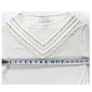 Saylor White Knit Boat Neck Sweater V-Panel Eyelet Fringe Detail Small thumbnail 5