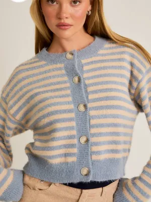 NWOT Le Lis Blue Striped Fuzzy Cropped Cardigan thumbnail 3