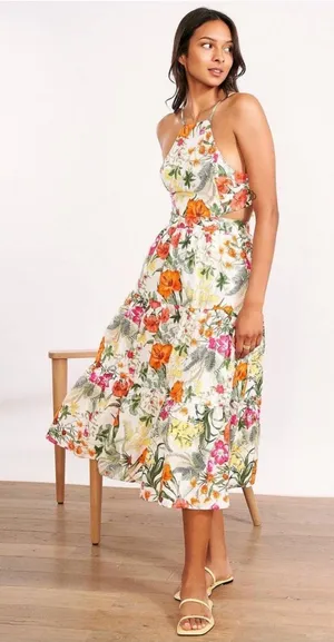 Chelsea & Violet Tropical Floral Print Tiered Midi Dress Linen‎ Blend Tie Back thumbnail 1