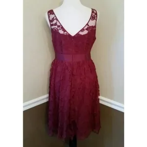 Burgundy Lace Dress Pleated Skirt Sleeveless Midi Cocktail Party BB Dakota Sz 2 thumbnail 5