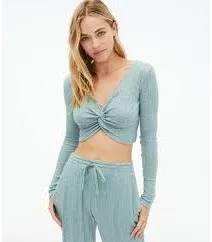 Aeropostale Teal Green Ribbed Cropped Long Sleeve thumbnail 4