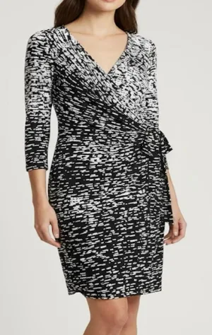Ralph Lauren Black White‎ Geo Faux Wrap Tie 3/4 Sleeve Stretch Sheath Dress 4 thumbnail 1