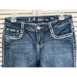 L.A Idol Denim Jeans Size 9 Skinny Gems Stitching Roses Low Rise Zip thumbnail 2