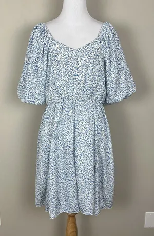 Mikarose Dress Womens Large Blue Floral Puff Sleeve Milkmaid Smocked Pockets‎ L thumbnail 1