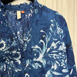 Anthropologie Pilcro The Tavi Ruffled Button Down Blouse Blue Batik Floral Small thumbnail 9