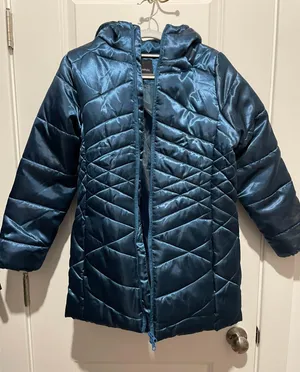 Teal blue down puffer jacket hooded coat thumbnail 1