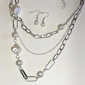 Classic Silver Tone Chain Faux Pearl Layered Necklace & Earrings Set thumbnail 3