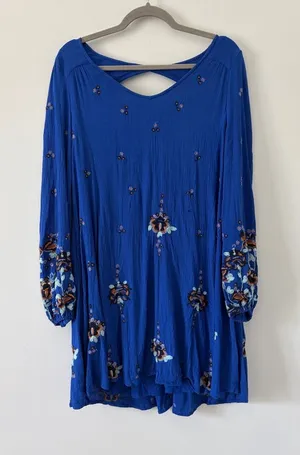 Free People Oxford Embroidered Cobalt Blue Long Sleeve Baby Doll Boho Dress M thumbnail 1