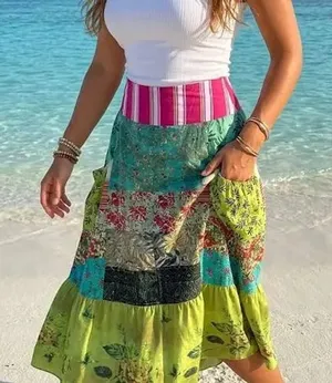 Bohemian Patchwork Floral Tiered Maxi Skirt Pink Cottagecore Gypsy Temu‎ thumbnail 1