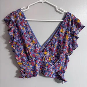 Free People Blue Purple Floral Ruffle Blouse Size Small thumbnail 2