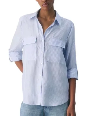 Babaton Relaxed Drapey Twill Button-up Utility Shirt Blue Stripe Size XS thumbnail 1