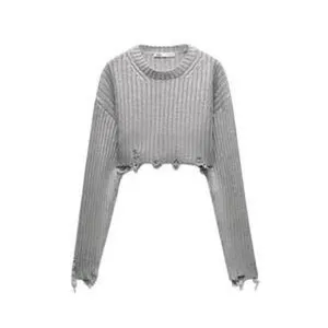 Zara Foil Silver Distressed Frayed Chunky Ribbed Crop Sweater Size Small thumbnail 2