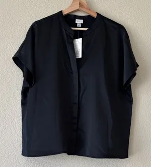 A New Day Black Short Sleeve Satin Shirt With Notch Neck. NWT thumbnail 1