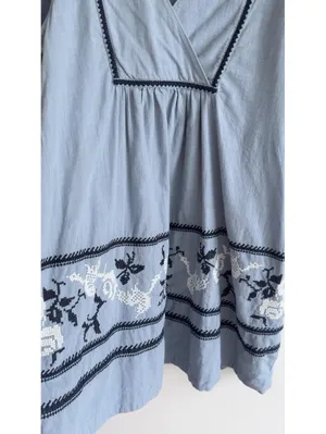 Madewell Embroidered Foldover V-Neck Mini Dress Terrace Blue Cotton Puff Sleeve thumbnail 7