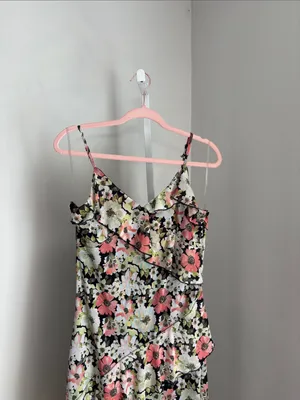 No Comment Floral Asymmetrical Hem Ruffle Mesh Midi w Midi Slip Dress Size L thumbnail 5