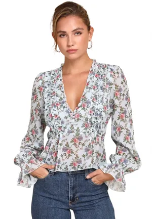 NWT Lulus Undeniably Darling Light Blue Floral Chiffon Balloon Sleeve Top XS thumbnail 1