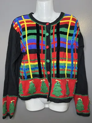 Paul Harris Design Cardigan Sweater Womens Small Multicolor Ugly Christmas Tree thumbnail 2