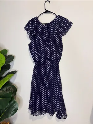Olivia Matthews Navy Dress with White Polka Dots and ruffles thumbnail 5