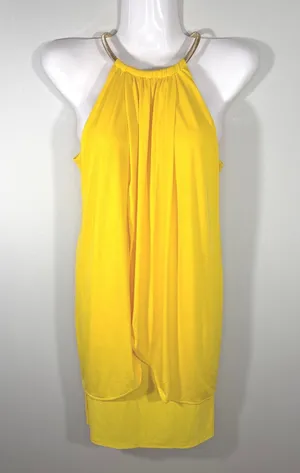 Kensie Yellow Halter‎ Dress Gold Chain Neckline Draped Layered Mini Size 2 thumbnail 1