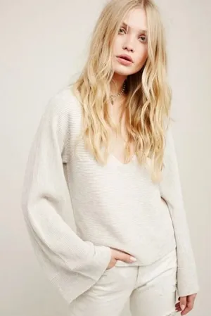 Free People Starman Cream Ribbed Bell Sleeve V‎ Neck Pullover Sweater L thumbnail 1