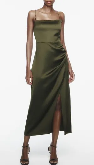 NWT Zara Green Satin Effect Midi Wrap Dress Sz Large Beaded Straps thumbnail 1