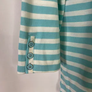 Talbots Aqua White Stripe 3/4 Sleeve Top Button Detail 100% Cotton Womens Large thumbnail 2