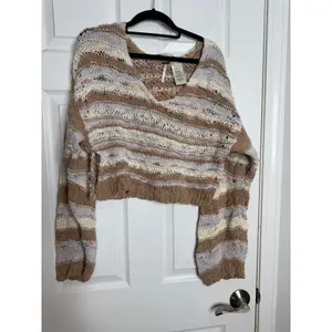 FREE‎ PEOPLE Lake Life Open Weave Crochet Oversized Boxy Fit Cropped Sweater M thumbnail 2
