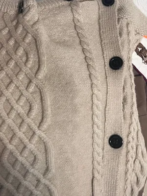 Cable Knit Button-Detail Beige Sweater with Color-Block Sleeve thumbnail 4